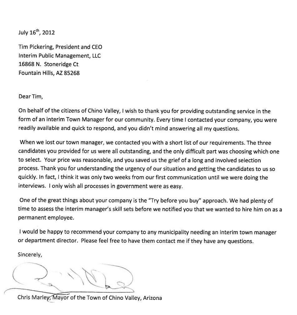 Letter from Chris Marley, Mayor of the Town of Chino Valley